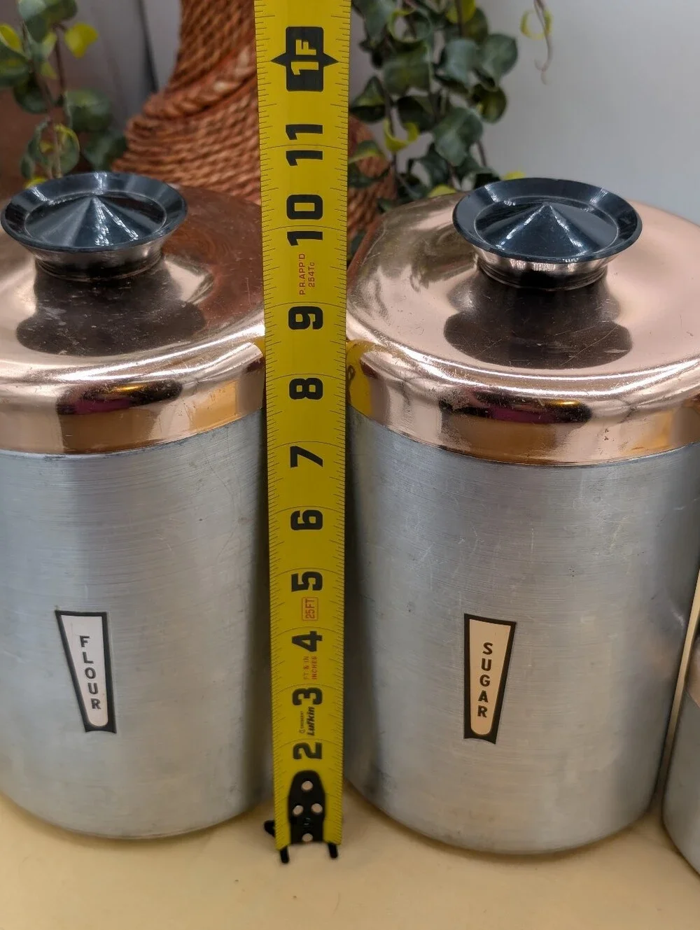 Vintage MCM Aluminum Canister Set Copper Lids Flour Sugar‎ Coffee Tea With Scoop
